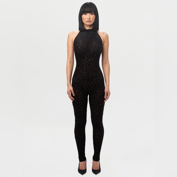 naked wardrobe Pants - Naked Wardrobe Burnout Print Halter Jumpsuit